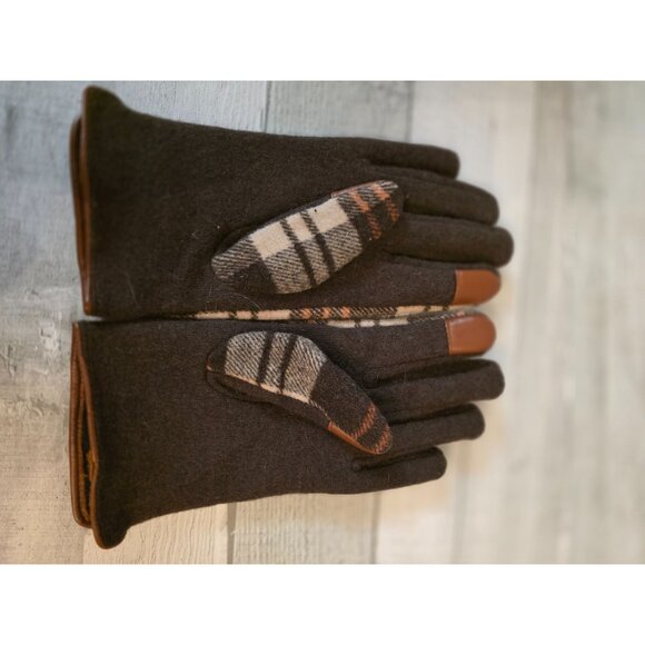 Womens Plaid Wool-Blend Gloves  Faux Leather Trim Touchscreen Fingers Size S-M - Picture 3 of 4